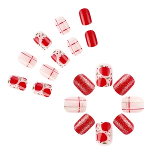 Detail of red apple and plaid pattern glossy short square press-on nails with glitter