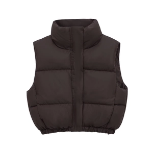 Detailed view of dark brown padded vest with stand collar and elasticated hem detail