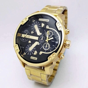 Macro detail of gold stainless steel oversized watch with multi-timezone display dials