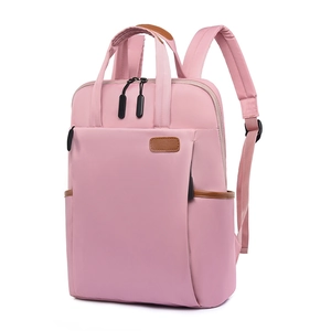 Pink nylon laptop backpack with brown leather trim and multiple functional pockets