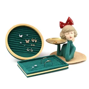 Jewelry Display Tray Bamboo Wood Microfiber Velvet Ring Organizer Multi Slot Window Showcase Holder Professional Props