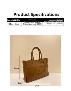 Detailed view of woven brown leather tote bag with precise size dimensions and cowhide material