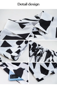 Detailed close-up of geometric print collar, drawstring waist, and cotton fabric texture