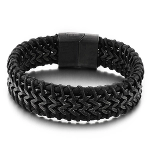 Men's punk braided black leather bracelet with vintage stainless steel magnetic clasp