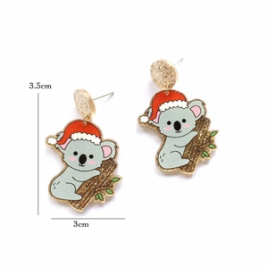 Detail showing cartoon Christmas koala earring with glitter finish and dimensions of 3.5cm x 3cm