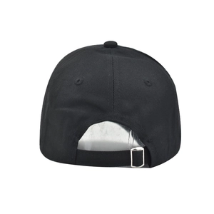 Detail view of cotton baseball cap with adjustable metal buckle and breathable eyelets