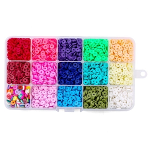 Detail view of 15-grid storage box with colorful polymer clay heishi beads for DIY jewelry