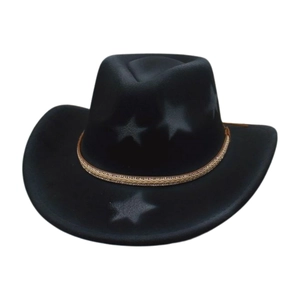 Classic black wool felt cowboy hat with vintage star print and crystal-embellished band