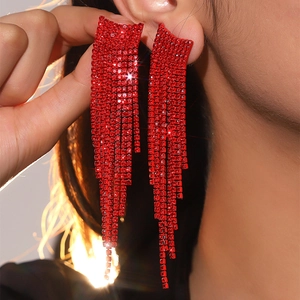 Elegant long red rhinestone tassel earrings for women featuring sparkling crystal fringe