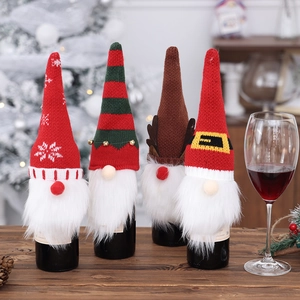 Lot de 4 cache-bouteilles de vin nains de Noël avec bonnets en tricot et barbes en peluche