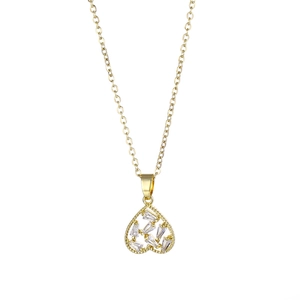 Golden heart pendant necklace with baguette-cut zircons on a delicate link chain