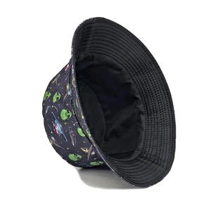 Unisex black bucket hat with all-over alien and UFO space print for outdoor sun protection