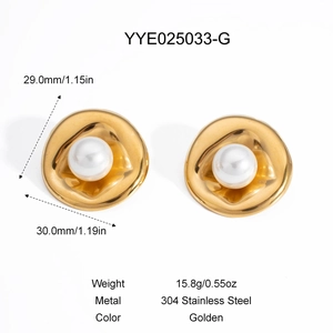 Detail view of irregular golden stainless steel earrings with pearl inlay and dimensions