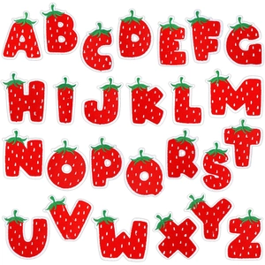 Set of 26 strawberry alphabet embroidery patches with red fruits and green leaves