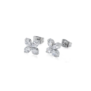 Elegant silver stainless steel stud earrings featuring four pear-shaped cubic zirconia petals