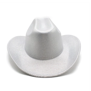 Close-up detail of silver sequin glitter cowboy hat with classic curved brim design