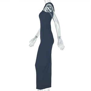 Detail of elegant dark blue bodycon maxi dress with side ruching and ankle length fit