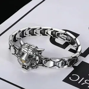 Men's retro S925 silver tiger head bracelet with green zircon eyes and bold chain