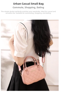 Detail view of pink quilted handbag with gold logo and elegant chain strap on model