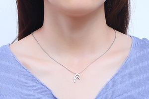 Detail shot of silver titanium necklace with dual V-shape pendants on a model neck