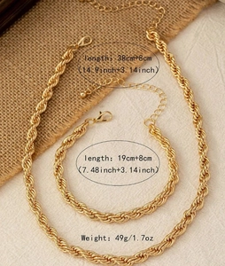 Detailed view of golden rope chain necklace and bracelet set with size specifications
