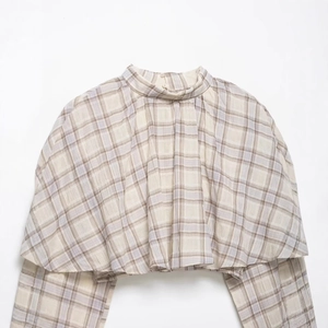 Minimalist beige plaid high neck layered crop top with long sleeves in textured cotton