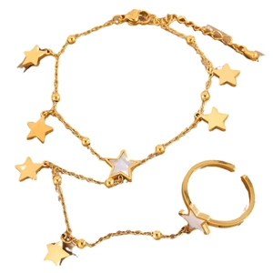 Elegant gold star hand chain ring bracelet featuring white star charms on a slim chain