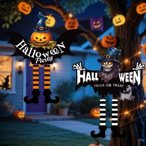 Halloween hanging decorations featuring pumpkin and skeleton dolls with striped legs