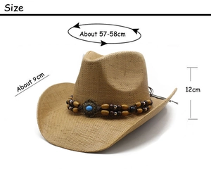 Detail eines gewebten Western-Cowboyhuts mit Türkis-Perlenband und Größenabmessungen