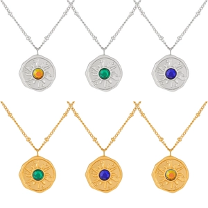 Titanium steel sun coin necklace with colorful gemstone inlays on gold and silver ball chains