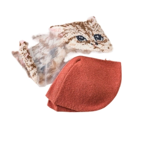 Sheer Japanese style cat pattern socks with creative brick red color patchwork design