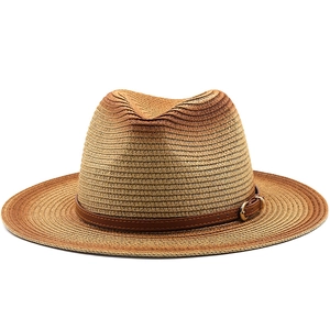 Unisex wide brim straw sun hat with brown gradient stripes and leather strap buckle