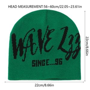 Detailed size chart of green knit beanie with Wave 233 embroidery showing dimensions