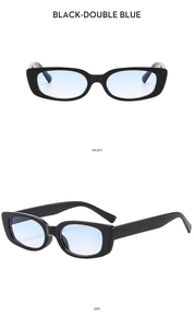 Front and side views of vintage rectangular sunglasses with black frame and blue lenses