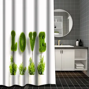Cortina de ducha de poliéster impermeable con plantas en forma de letras LOVE sobre blanco