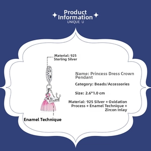Detailed macro view of 925 sterling silver pink princess dress and crown charm with zircon