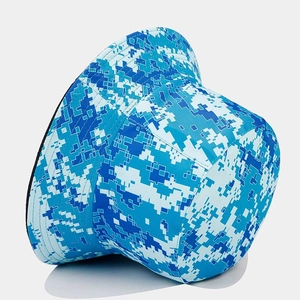 Detail of blue pixel camouflage bucket hat in thick canvas with clean stitching