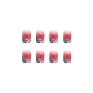 Short round gradient red press-on nails with blue color-block and silver glitter details