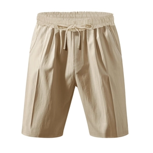 Flat lay of khaki men's breathable linen-blend casual shorts with elastic drawstring waist