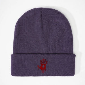 Deep purple knitted beanie with red blood hand embroidery for casual winter warmth