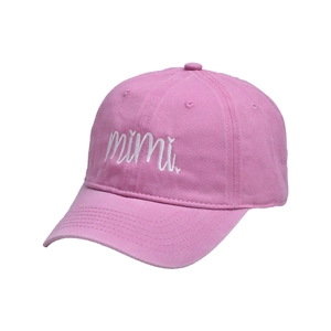 Detailed close-up of mimi script embroidery on pink washed cotton baseball cap