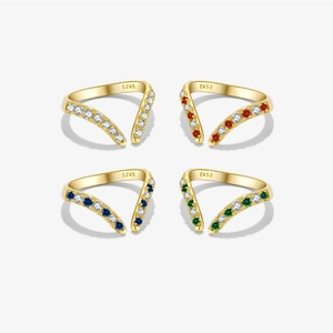 925 Sterling Silver V Shape Adjustable Open Ring For Women Luxury Inlaid Rhinestone Geometric Finger Band Jewelry Gift