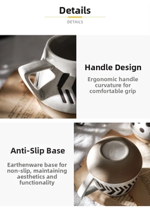 Detail of ergonomic triangular handle and anti-slip unglazed base on ceramic coffee mug