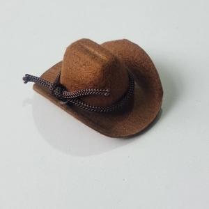 Detailed view of the brown felt mini cowboy hat with decorative braided rope band
