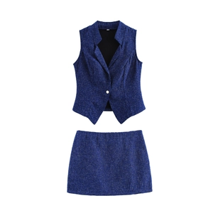 Women Tweed Skirt Set Sleeveless V Neck Lapel Vest And Mini Skirt Elegant Commuter Chic Dark Blue