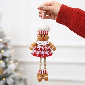 Detailed plush gingerbread man ornament with chef hat and beaded legs for Christmas tree