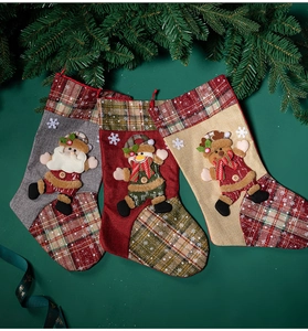 Detailed view of three 3D Christmas stockings featuring Santa, snowman, and reindeer figures