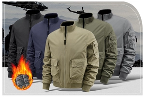 Close-up of quilted thermal lining and tactical multi-pocket design on pilot jacket