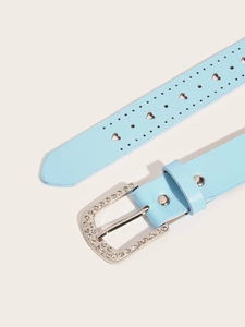 Detailed view of light blue PU leather belt with heart-shaped cutouts and rhinestone buckle