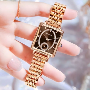 Elegant rose gold square watch for women with brown diamond dial and metal mesh strap